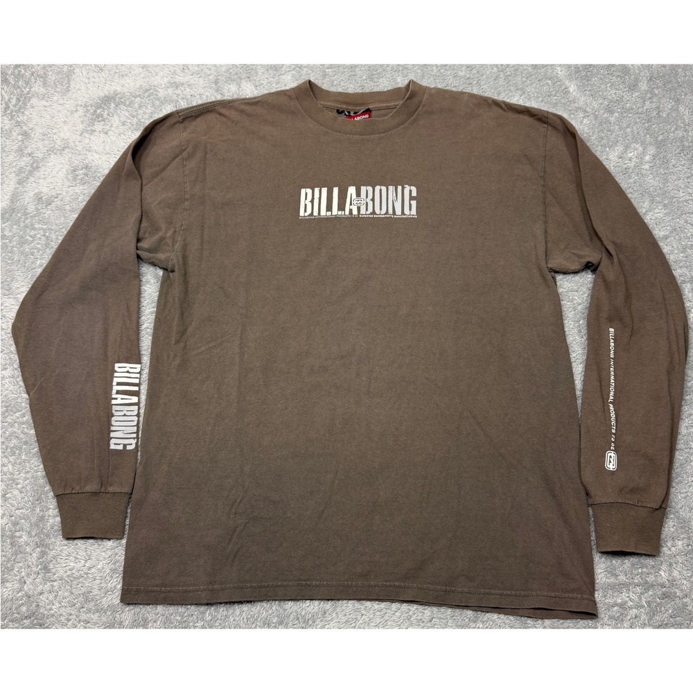 Vintage Billabong T Shirt L Brown Tri Hit Logo Surf Skate Cotton Long Sleeve Y2K